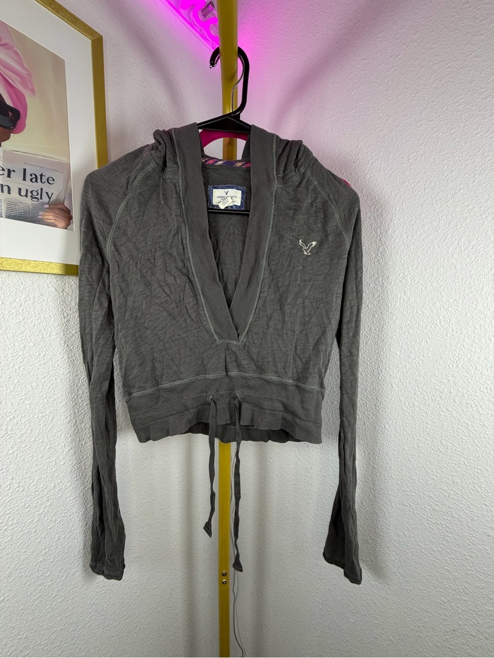 American Eagle Y2K Charcoal Gray Cropped Deep-V - Hooded Drawstring Top - Medium